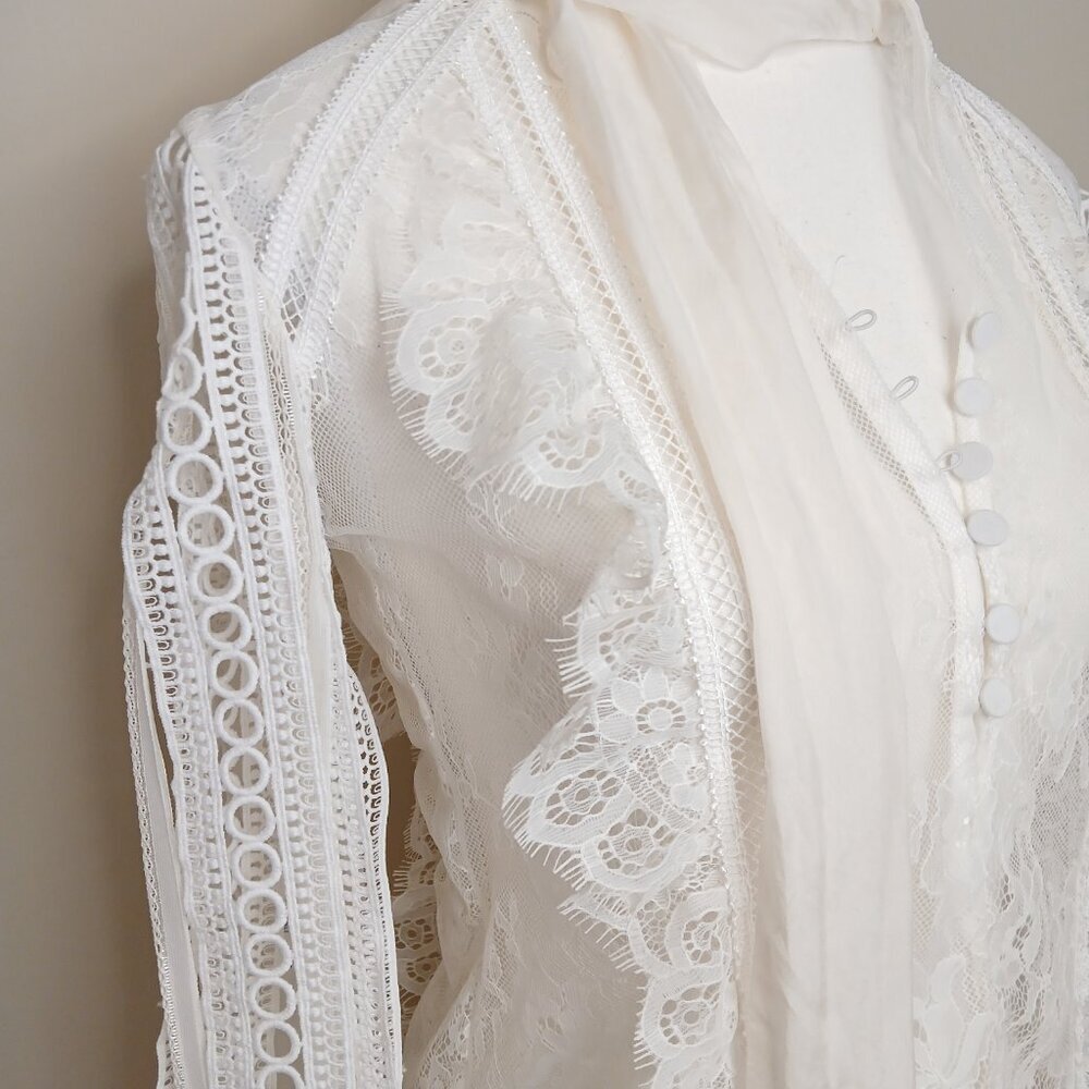 Self Portrait Victorian Romantic Sheer Draped Sleeve Lace Paneled Blouse Size 2 - Picture 8 of 14